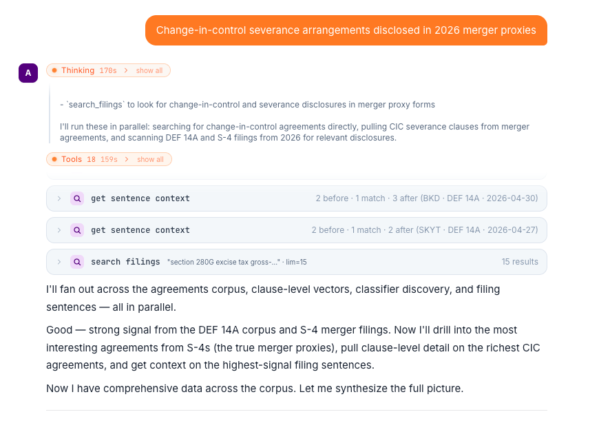 AI Chat interface showing a research conversation with cited sources