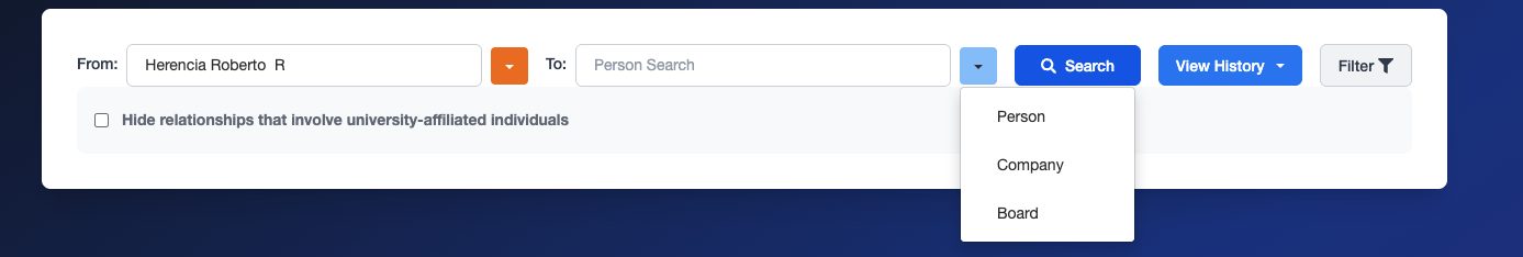 Dropdown menu showing Person, Company, and Board search options