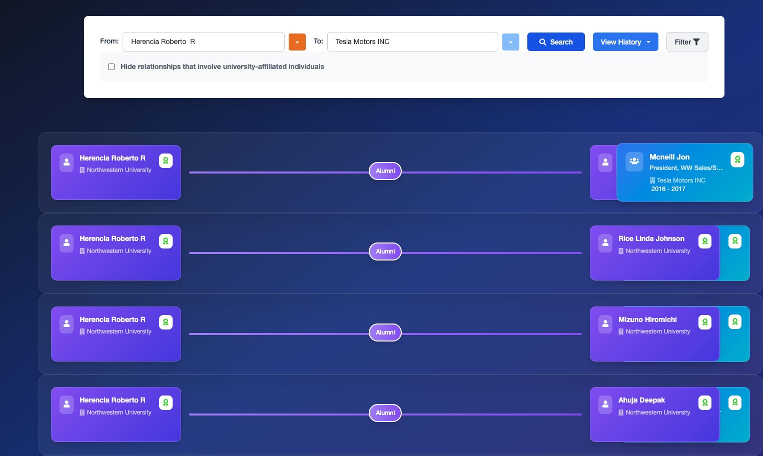 Path Explorer showing connections to Tesla Motors INC employees