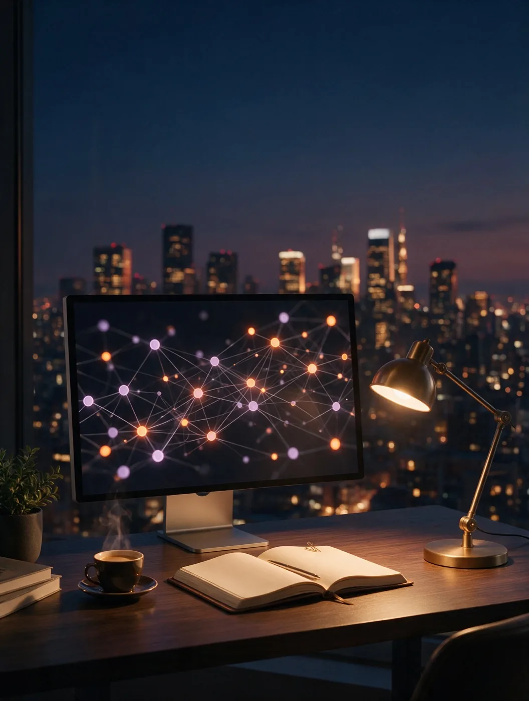An analyst's desk at dusk, the Capital Graph on screen