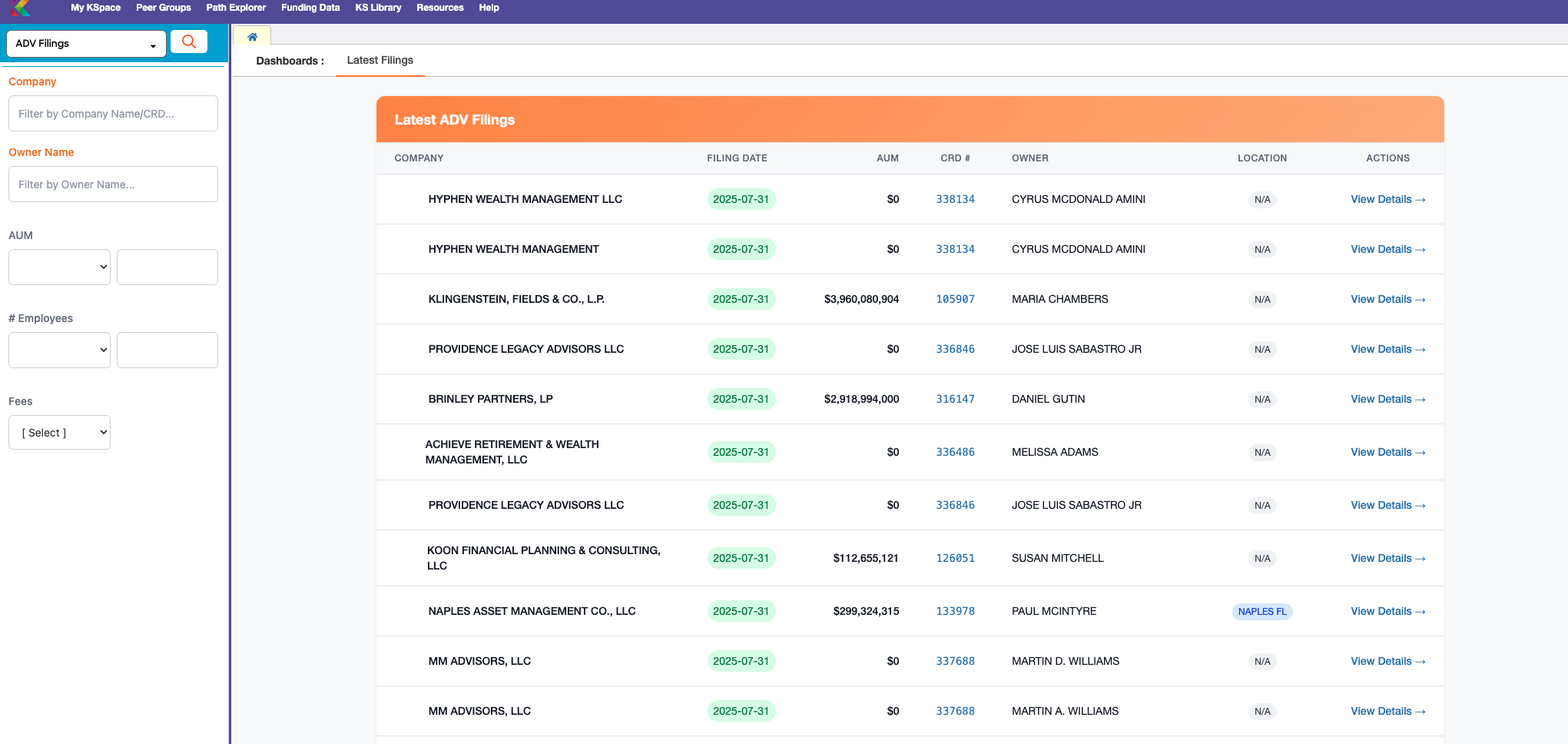 New dashboard overview showing latest ADV filings